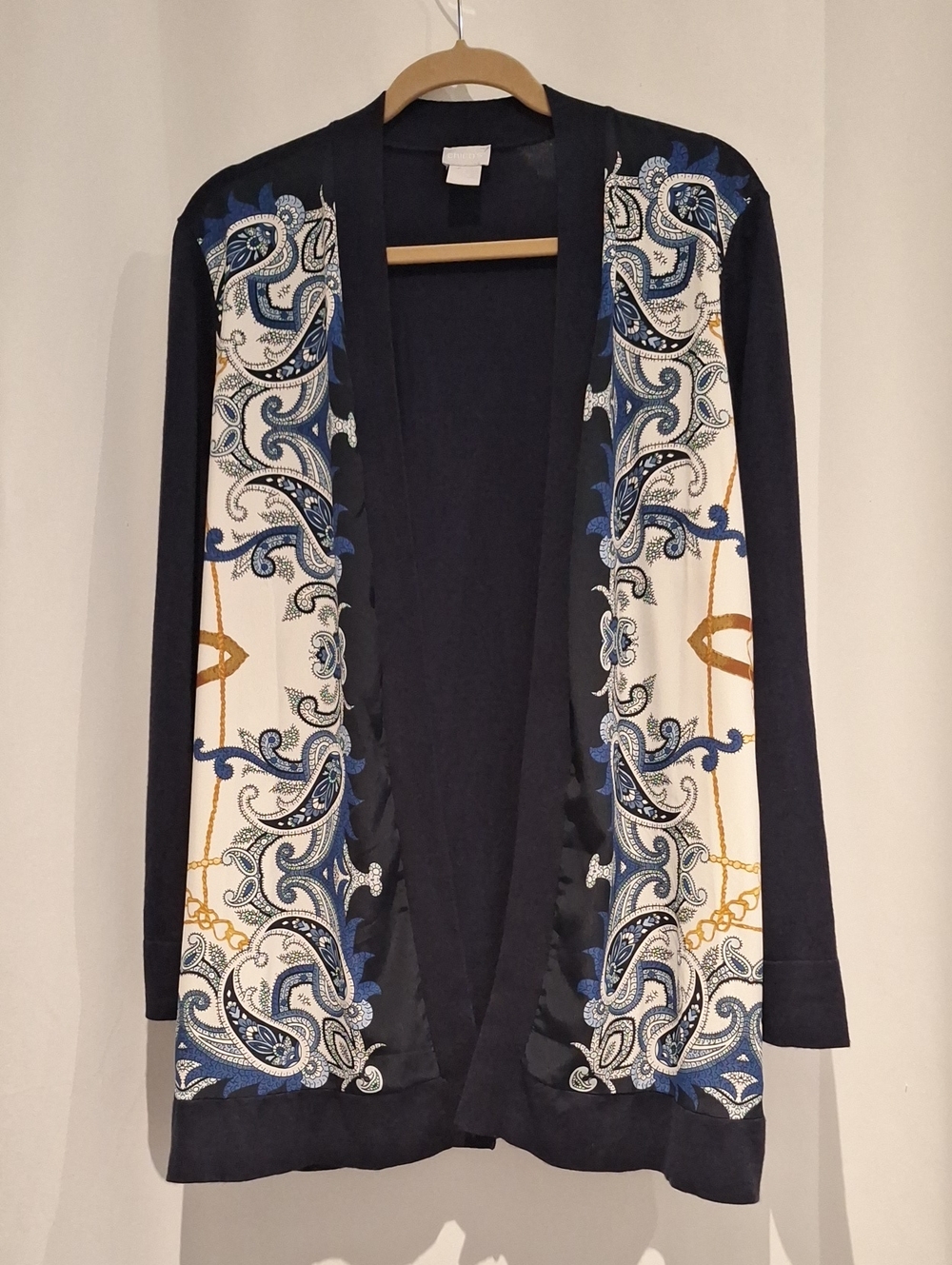 Chico's Navy Cardigan with Blue and Cream Paisley And Chain Border